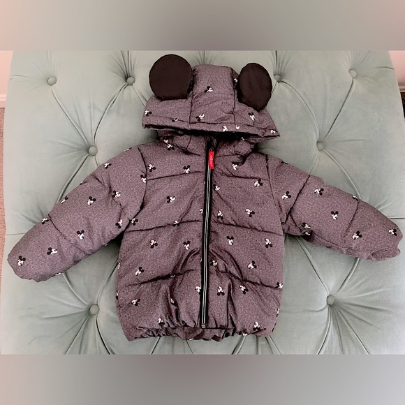 H&M Mickey Mouse Grey Winter Puffer Jacket Mickey Ears Detachable Hood -1 1/2-2Y - Picture 1 of 3